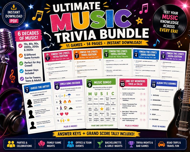 K&ouml;nnte beinhalten: Ein digitales Musik-Trivia-Paket mit 11 Spielen auf 14 Seiten. Die Grafik zeigt ein Mikrofon, Kopfh&ouml;rer und eine E-Gitarre. Der Text umfasst Ultimate Music Trivia Bundle, 6 Decades of Music sowie verschiedene Spieletitel wie Finish the Lyrics, Emoji Song Decoder, Music Bingo, One Hit Wonders und Album Title Scramble.