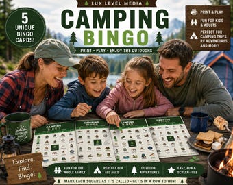 Camping Bingo Printable Game Bundle | 5 Unique Bingo Cards | Camping Activity for Kids & Adults | Campground Game PDF