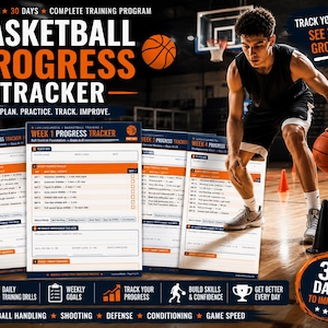 May include: A basketball progress tracker document set featuring four pages with orange and blue headers, text fields for player info, daily drills, and weekly goals, alongside a basketball icon and the text Basketball Progress Tracker.