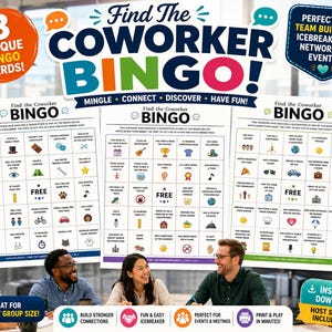 May include: Three white Coworker Bingo game cards with a grid of squares containing text and icons. The title Find the Coworker Bingo is in large blue, orange, and pink letters. The cards feature various prompts for team building activities.