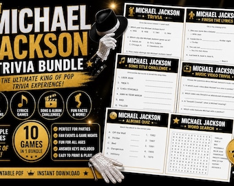Michael Jackson-Trivia Spiel-Bundle | King of Pop Partyspiel | MJ Trivia, Liedtexte, Lieder & Musik Quiz | Party Spiele | M.J