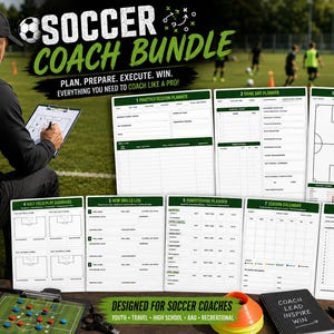 Puede incluir: Un paquete para entrenador de fútbol con ocho páginas imprimibles que incluyen planificadores de sesiones, planificadores de partidos, diseñadores de campo, registros de habilidades, calendarios y rastreadores de estadísticas.
