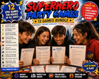 Superhero Party Games Bundle Printable PDF | Comic Book Trivia, Charades, Hero Challenges and Party Games | 12 Games | Instant Download