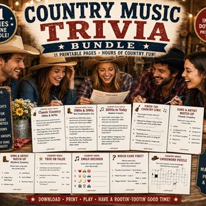 K&ouml;nnte beinhalten: Ein Country Music Trivia-Paket mit 11 druckbaren Spielseiten, darunter Song & Artist Match-Up, True or False, Emoji Decoder und Crossword Puzzle. Der Text enth&auml;lt Titel wie Classic Country, 1980s & 1990s und 2000s to Today.
