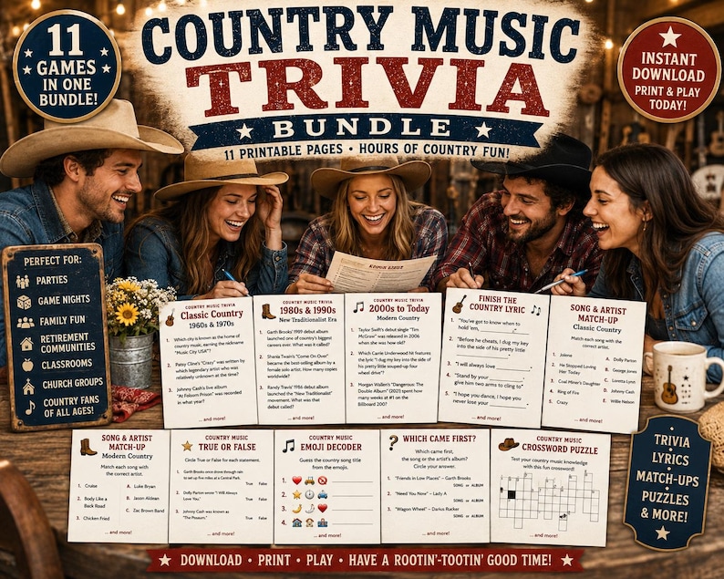 K&ouml;nnte beinhalten: Ein Country Music Trivia-Paket mit 11 druckbaren Spielseiten, darunter Song & Artist Match-Up, True or False, Emoji Decoder und Crossword Puzzle. Der Text enth&auml;lt Titel wie Classic Country, 1980s & 1990s und 2000s to Today.