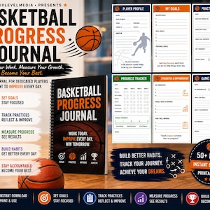 Puede incluir: Un diario de progreso de baloncesto con cubierta negra, texto naranja y un gráfico de balón. El diario incluye páginas interiores para registrar perfiles de jugadores, objetivos, reflexiones de práctica, progreso y rendimiento.
