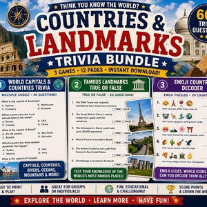May include: A Countries & Landmarks trivia bundle featuring three games across twelve pages. The document includes World Capitals & Countries trivia, Famous Landmarks True or False, and an Emoji Country Decoder with over 60 questions and answer keys.