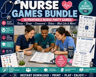 Nurse Games Bundle Printable | Nursing Trivia, Bingo, Rebus, Crossword & Party Games | Nurse Appreciation Week Activity
