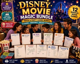 Animated Movie Trivia and Party Games Bundle Printable | Family Movie Night Games, Song Quiz, Character Trivia and Puzzles | 12 Games