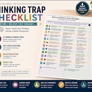 Cognitive Distortions Worksheet, CBT Printable Checklist, Thought Reframing Tool