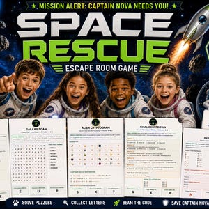 Może przedstawiać: Gra typu escape room Space Rescue z czworgiem dzieci w strojach astronautów. Gra zawiera siedem kart misji z zagadkami, wykreślankami i kodami. Tekst zawiera MISSION ALERT: CAPTAIN NOVA NEEDS YOU!, SPACE RESCUE oraz DISTRESS SIGNAL: I NEED YOUR HELP!