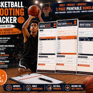 Könnte beinhalten: Ein dreiseitiges, ausdruckbares Basketball-Wurf-Tracker-Set mit täglichen, wöchentlichen und monatlichen Protokollblättern. Die Dokumente enthalten Abschnitte zur Erfassung von Würfen, zum Setzen von Zielen und zur Überwachung des Fortschritts.