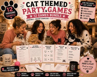 Cat Party Games Bundle Printable PDF | Cat Trivia, Word Search, Cat Breed Games & Cat Lover Party Activities | 12 Games | Instant Download