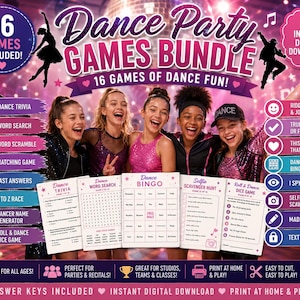 Pode incluir: Um pacote digital de jogos para festas de dança com 16 atividades imprimíveis. O gráfico exibe o texto Dance Party Games Bundle, 16 Games Included e 16 Games of Dance Fun, junto com imagens de cinco dançarinos e cinco folhas de jogos.
