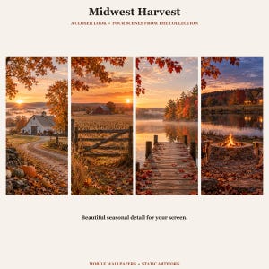 May include: A digital collection titled Midwest Harvest featuring four vertical panels of autumn landscapes: a white farmhouse, a red barn in a field, a wooden dock on a lake, and a stone fire pit, all under sunset skies with orange and red foliage.