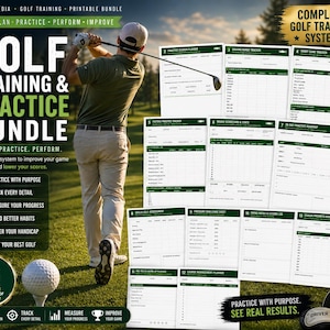 Puede incluir: Un paquete de entrenamiento y práctica de golf con 13 páginas imprimibles de herramientas de seguimiento. El conjunto de documentos incluye un planificador de sesiones, rastreador de campo de prácticas, juego corto, putting, tarjeta y registros.