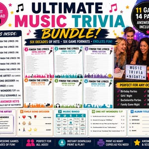 K&ouml;nnte beinhalten: Ein digitales Musik-Trivia-Spielpaket mit 11 Spielen auf 14 Seiten. Das Layout umfasst sechs 'Finish the Lyrics'-Ausgaben von den 1970er bis zu den 2020er Jahren, 'Guess the Artist', 'Emoji Song Decoder', 'Music Bingo', 'One Hit Wonders' und 'Album Title Scramble'.