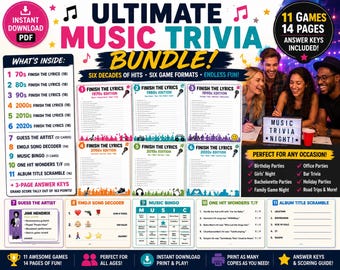 Ultimatives Musik-Trivia-Bundle | Beende die Songtexte 70er 80er 90er 2000er 2010er 2020er | Raten Sie den Künstler | Musik Bingo | Gesellschaftsspiel