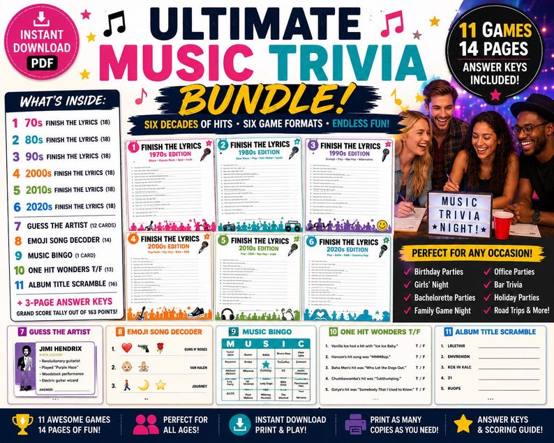 K&ouml;nnte beinhalten: Ein digitales Musik-Trivia-Spielpaket mit 11 Spielen auf 14 Seiten. Das Layout umfasst sechs 'Finish the Lyrics'-Ausgaben von den 1970er bis zu den 2020er Jahren, 'Guess the Artist', 'Emoji Song Decoder', 'Music Bingo', 'One Hit Wonders' und 'Album Title Scramble'.