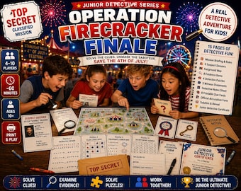 Junior Detective Mystery Game: Operation Firecracker Finale | 4th of July Printable Escape Room and Detective Party Game | Kids Mystery Game