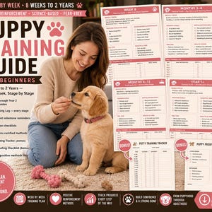May include: A puppy training guide for beginners featuring a 12-page printable PDF set. The documents include weekly training plans, daily logs, health and vet milestone reminders, socialization checklists, a potty training tracker, and a puppy proofing checklist.