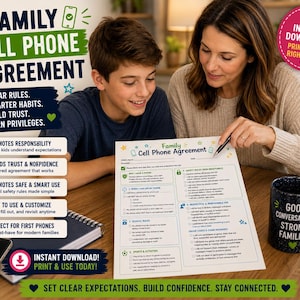 May include: A printed Family Cell Phone Agreement document featuring sections for safety rules, school habits, and respectful usage. The white paper includes checkboxes and lines for signatures, alongside a dark blue mug with the text Good Conversations Strong Families.