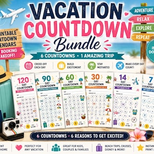 Op de afbeelding: Een vakantie-aftelbundel met zes printbare kalenders met opties voor 120, 90, 60, 30, 14 en 7 dagen. De ontwerpen bevatten tropische iconen, genummerde cirkels om af te strepen en de tekst Vacation Countdown Bundle en Instant Download PDF.
