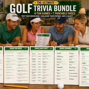 Può includere: Un pacchetto di quiz sul golf con sette pagine stampabili e sei giochi, tra cui Golf Trivia, Finish the Quote, Which Came First, Brand Scramble, Emoji Decoder e un cruciverba sul golf, con chiave di risposta e testo.