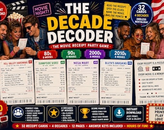The Decade Decoder | Movie Receipt Party Game | 80s 90s 2000s 2010s | Printable Movie Trivia | 32 Cards | Instant Download
