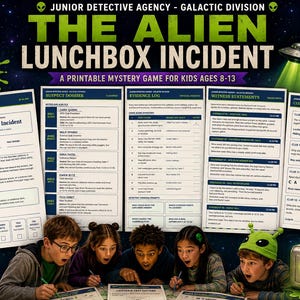 Puede incluir: Un juego de misterio imprimible titulado The Alien Lunchbox Incident, que incluye 12 páginas de acertijos y pistas para niños. El set contiene un dossier de sospechosos, registro de pruebas, declaraciones de testigos y un diario de pistas.