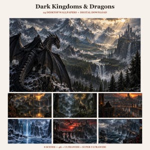 May include: A digital collection titled Dark Kingdoms & Dragons featuring 24 desktop wallpapers. The main image shows a dark dragon perched on a snowy mountain peak overlooking a vast landscape with waterfalls, forests, and a distant castle.