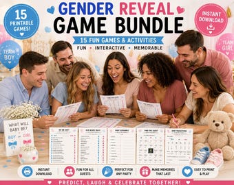 Gender Reveal Game Bundle Printable | 15 Baby Shower Games and Activities | Gender Reveal Party Games | Instant Download PDF
