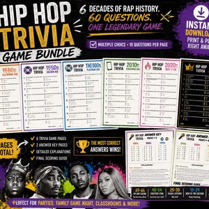 May include: A Hip Hop Trivia game bundle featuring 8 pages total, including 6 trivia game pages covering decades from the 1980s to the 2020s, 2 answer key pages, and a final scoring guide. The text includes 60 questions and multiple choice options.