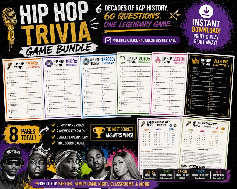 May include: A Hip Hop Trivia game bundle featuring 8 pages total, including 6 trivia game pages covering decades from the 1980s to the 2020s, 2 answer key pages, and a final scoring guide. The text includes 60 questions and multiple choice options.