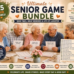 Può includere: Un pacchetto di giochi digitali per anziani con 15 attività stampabili. Il testo recita Ultimate Senior Game Bundle, Good Times, Great Memories & Lots of Laughter, ed elenca giochi come 1950s Guess the Price, TV Trivia e Senior Bingo.