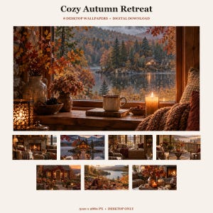 Puede incluir: Un conjunto de descarga digital titulado Cozy Autumn Retreat con 8 fondos de pantalla. La imagen principal muestra una vista desde una ventana hacia un lago y bosque con follaje otoñal, una taza humeante, una vela encendida y jarrones. 5120 x 2880 px.