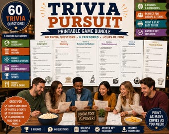 Trivia Pursuit Printable Game Bundle | 60 Trivia Questions Across 6 Categories | Family Game Night, Team Building and Party Trivia