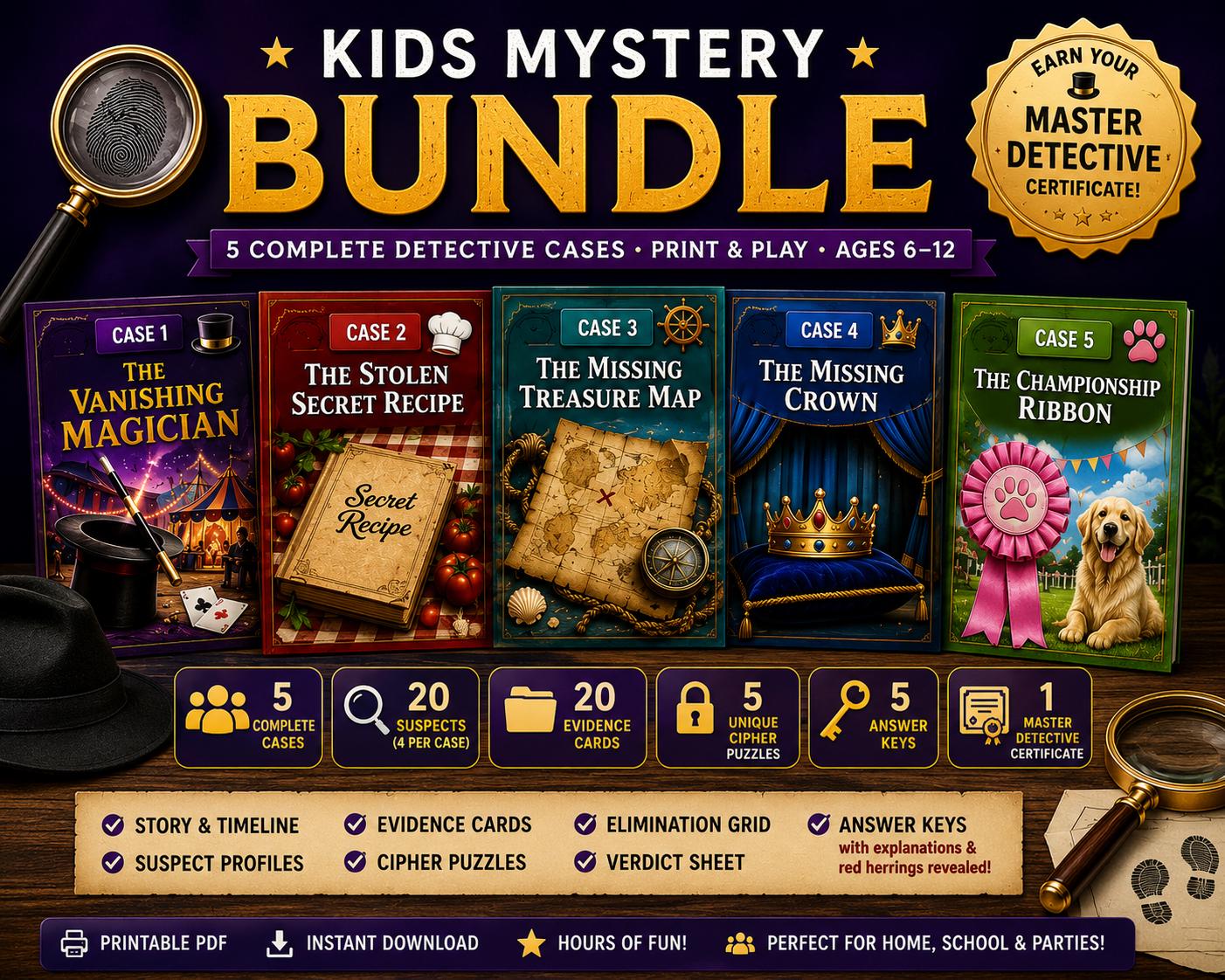Kids Mystery Bundle | 5 Printable Detective Cases | Escape Room Style