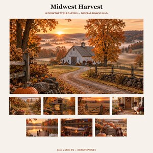 以下が含まれることがあります： Midwest Harvest 8 デスクトップ壁紙デジタルダウンロード。白い納屋、屋根付きの橋、夕暮れの湖、焚き火台、カボチャなどが写る秋をテーマにした8枚の画像セット。デスクトップ用で解像度は5120 x 2880 pxです。