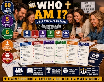 Who Am I? Bible Trivia Game Bundle | 60 Bible Character Cards | Christian Party Game | Sunday School Activity | Youth Group Game