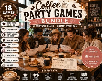 Coffee Party Games Bundle Printable PDF | Coffee Trivia, Emoji Quiz, Bingo Style Games & Icebreakers | 18 Coffee Lover Games