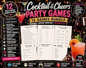Cocktail & Cheers Party Games Bundle Printable PDF | Cocktail Trivia, Charades, Never Have I Ever and Drinking Games | 12 Adult Party Games