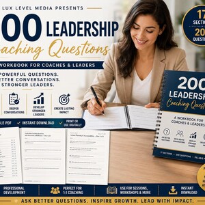 Leadership Coaching Questions, Fillable PDF Workbook for coaches and managers, 17 Sections