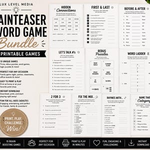 Könnte beinhalten: Ein Set mit 15 druckbaren Denk- und Wortspielbögen. Die Spiele umfassen Quiz, Rebus-Rätsel und Wortleitern. Das Bundle ist für Familienabende und Partys konzipiert. Der Text auf dem Bild lautet "Drucken, Spielen, Herausfordern, Gewinnen!"