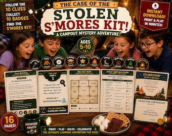 Campout Mystery Hunt for Kids | Printable Indoor Scavenger Hunt | Camping Party Game | S'mores Treasure Hunt | Ages 5-10 | Instant Download