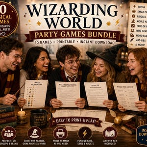May include: A Wizarding World party games bundle featuring 10 printable games including trivia, emoji pictionary, riddles, would you rather, true or false, who is most likely to, word scramble, and mad libs, presented as an instant download set.