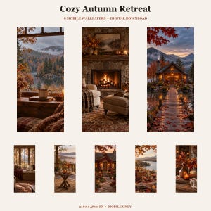 Op de afbeelding: Een digitale collectie getiteld Cozy Autumn Retreat met 8 mobiele achtergronden. De afbeeldingen tonen herfsttaferelen, waaronder een uitzicht op een meer met een mok, een stenen open haard, een hut aan een steiger en herfstbladeren.