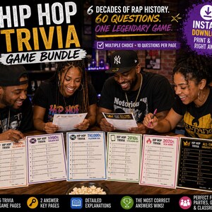 May include: A Hip Hop Trivia game bundle featuring six printed question sheets covering decades from the 1980s to the 2020s, plus an all-time greatest hits sheet. The game includes multiple-choice questions, answer keys, and detailed explanations.