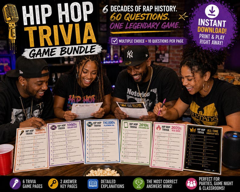 May include: A Hip Hop Trivia game bundle featuring six printed question sheets covering decades from the 1980s to the 2020s, plus an all-time greatest hits sheet. The game includes multiple-choice questions, answer keys, and detailed explanations.