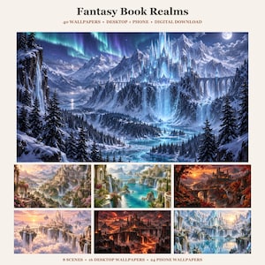 Könnte beinhalten: Eine digitale Sammlung mit dem Titel Fantasy Book Realms mit 40 Hintergrundbildern für Desktop und Telefon. Das Hauptbild zeigt ein verschneites Bergschloss unter einem Polarlicht, ergänzt durch sechs kleine Bilder mit Fantasielandschaften.